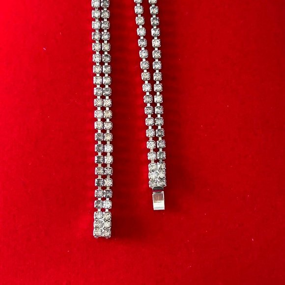 2pc. Silver tone/Long and Short Layered Rhinestone Necklace and Clip Earring set - Picture 8 of 10